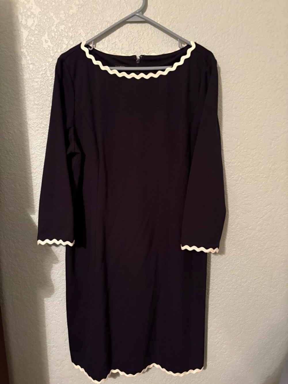 Talbots Women's Navy Blue 3/4 Sleeves Round Neck Dress With White Trim Size 16
